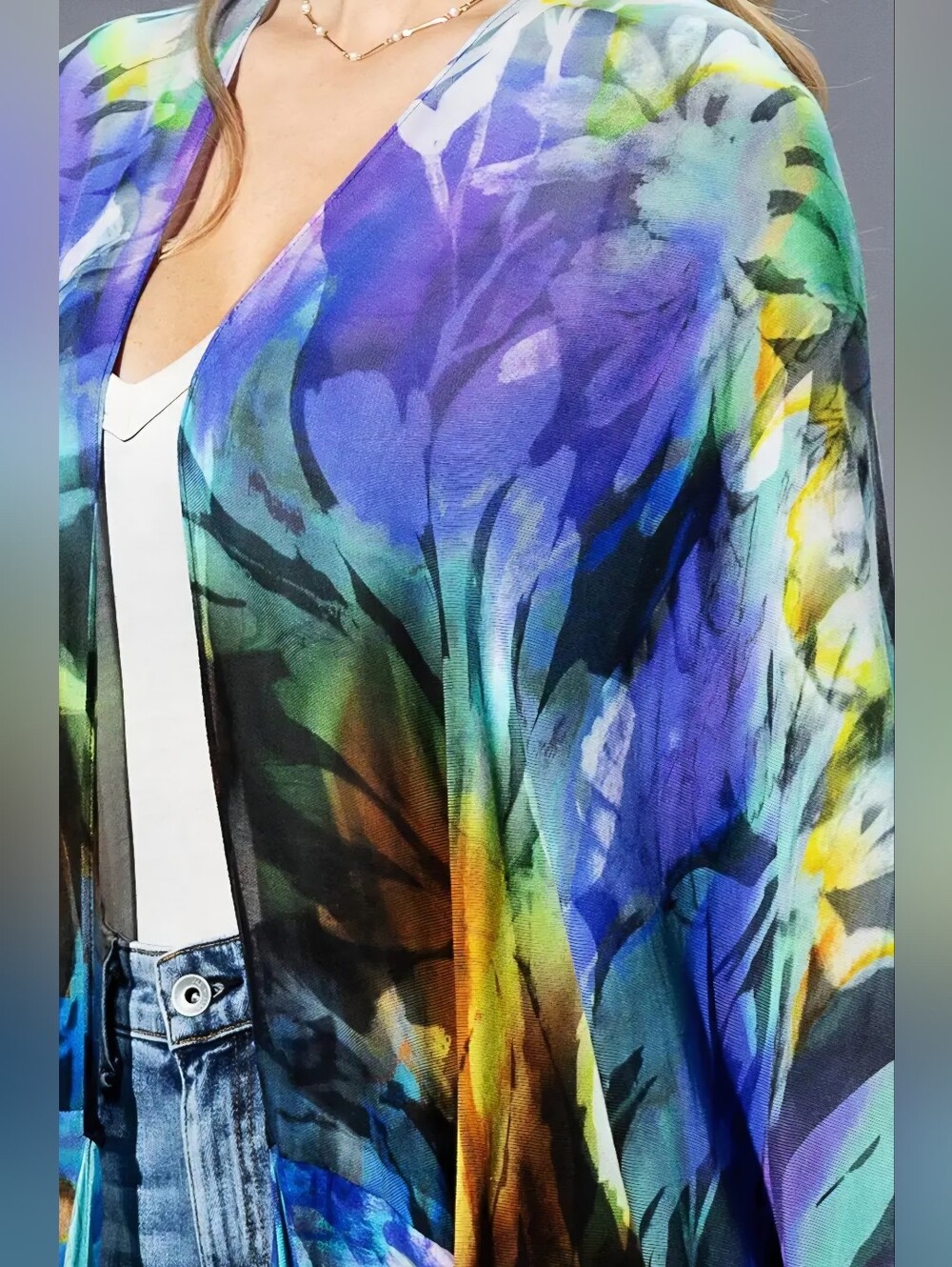 1140 Abstract Floral Maxi Kimono Dress - Blue & Green - Picture 2 of 4